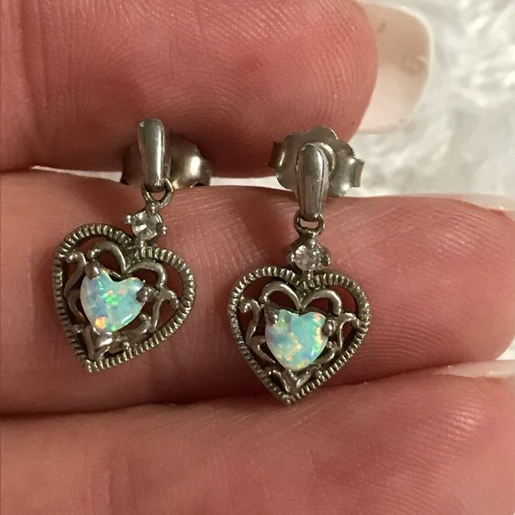 Sterling Opal and Diamond Dangle Earrings - Picture 3 of 5